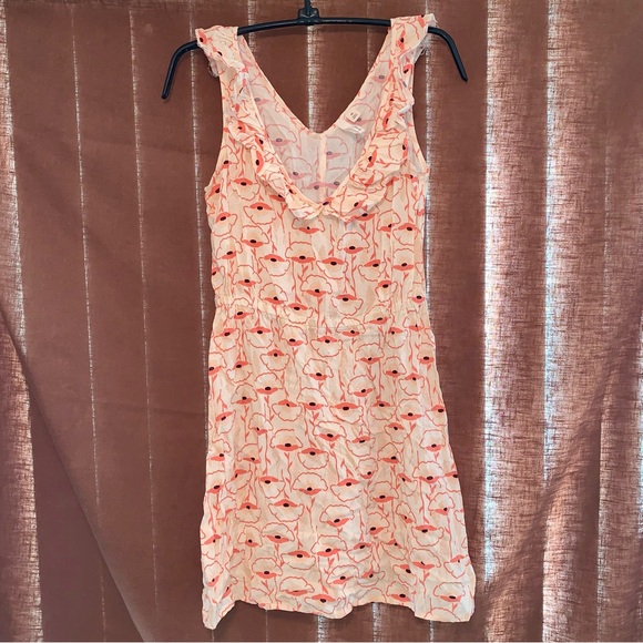 Cream Colored Sleeveless Ruffle Dress with Orange Poppy Flowers Pattern size XS - Picture 1 of 7
